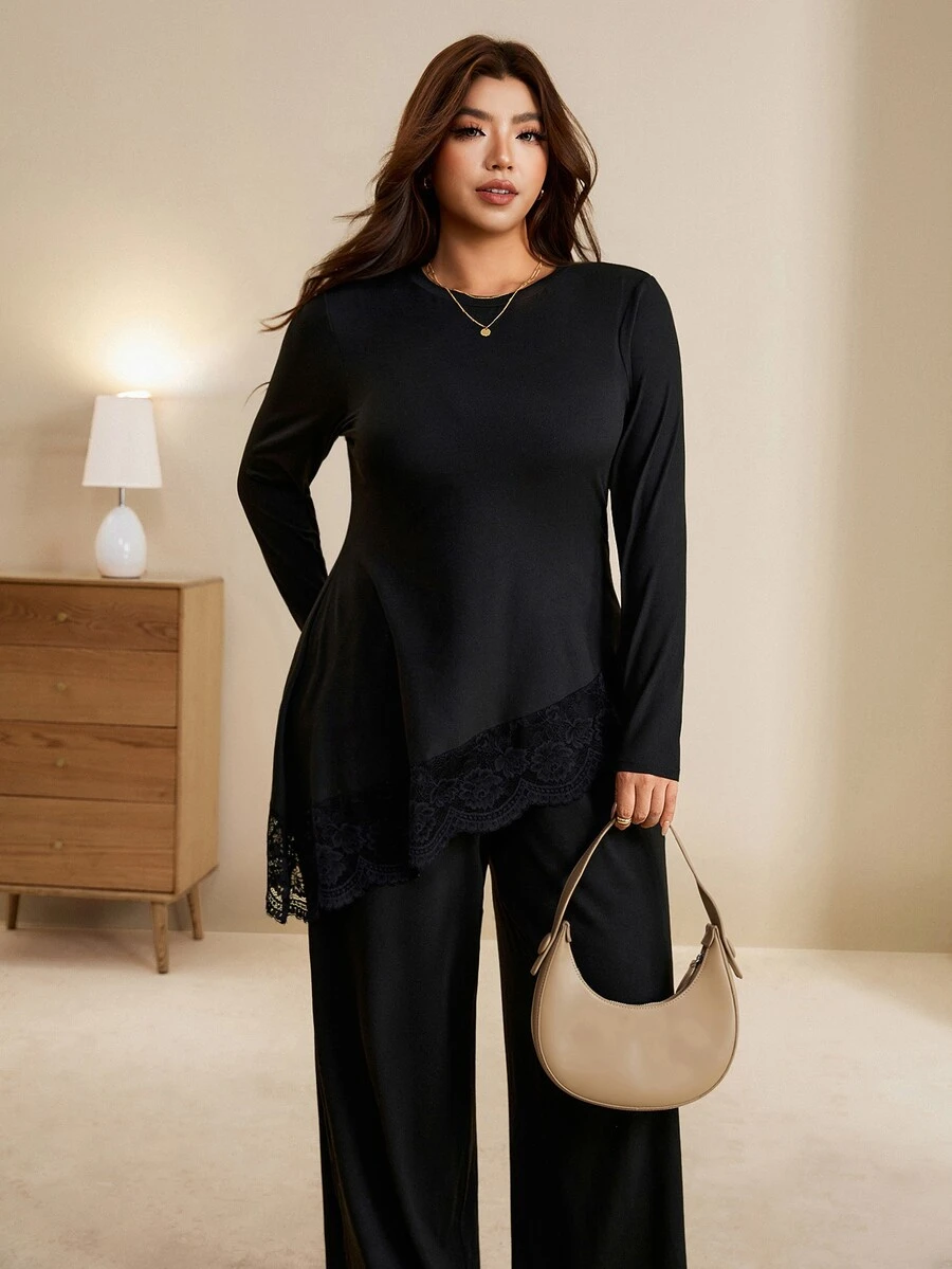 Edennvi Plus Size Women Solid Color Contrast Lace Hem Long Sleeve T-Shirt And Pants Elegant 2 Pieces Set Fall - Black - View 1