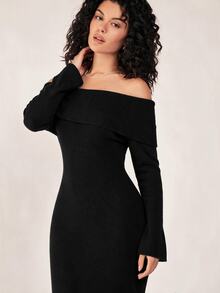 SHEIN BASICS Women's Street Style Off-Shoulder Fashion Sweater Dress - Black - View 4