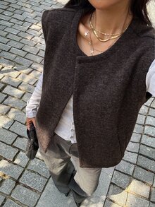 Serisse 女款純色圓領休閒無袖背心外套，大衣，秋冬，商務穿著，適合日常通勤穿著，秋季 - 咖啡棕 - 查看 3