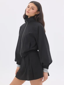 KÆRIA Hus Jaket Leher Corong Lengan Balon - Campuran Wol Garis-garis - Hitam -, Sepenuhnya Berlapisan, Modern - Navy Blue - View 4