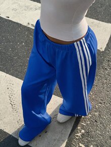 Muchica 女款巧克力棕色寬腿運動長褲，附棕色條紋，冬季運動休閒健身超長款針織面料休閒大碼寬鬆條紋長褲 - 寶藍色 - 查看 3