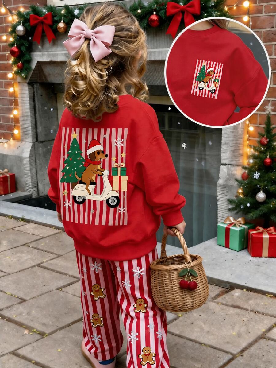 Young Girl Cartoon Print Long Sleeve Sweatshirt And Long Pants Casual Daily Set - Multicolor - View 1