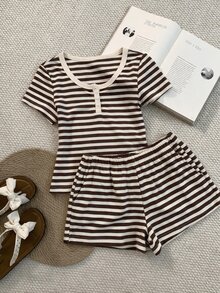 K-Vae Blue And White Stripe Large Scoop Neck Button Casual Short Sleeve Striped Top With Elastic Waistband Spring Summer Shorts Lounge - Coffee Brown - View 1