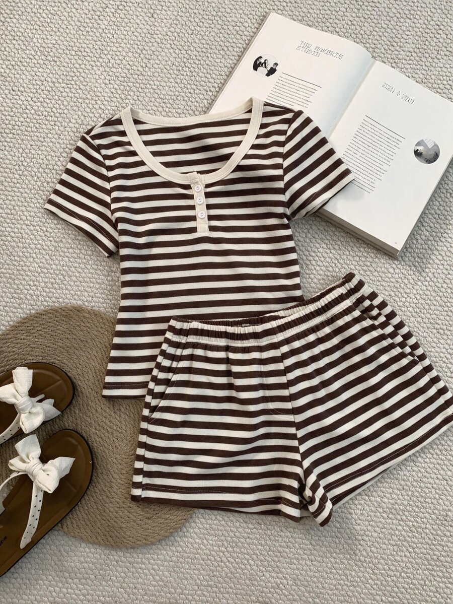 K-Vae Blue And White Stripe Large Scoop Neck Button Casual Short Sleeve Striped Top With Elastic Waistband Spring Summer Shorts Lounge - Coffee Brown - View 1
