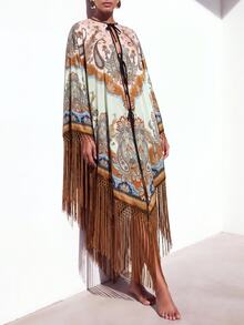 Zivah New Elegant Women's Oversized Multi-Color Printed Shawl Collar Kimono Cover Up With Tassels, Versatile For Beach, Vacation, Commute And Multiple Occasions - Multicolor - View 6