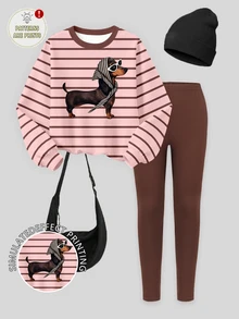 (1 Set) Tween Girls Autumn/Winter Fashion Leopard Print Headband, Puppy Pink & Brown Striped Crew Neck Sweatshirt With Leggings - Multicolor - View 4