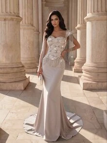 Coutiva Women's Tassel Design Fashion Waist-Cinched Evening Gown Dress - Apricot - View 7