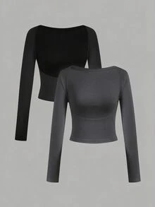 SHEIN EZwear 女款素色露背長袖休閒T恤 (2件組) - 彩色 - 查看 1