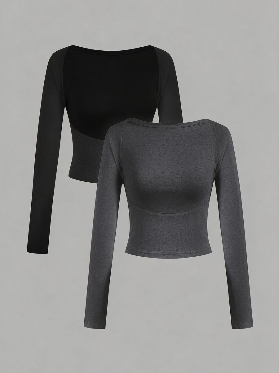SHEIN EZwear 女款素色露背長袖休閒T恤 (2件組) - 彩色 - 查看 1