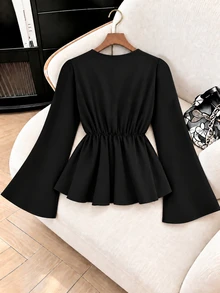 GlowEve CURVE Plus Size Women's Elegant V-Neck Long Sleeve Blouse, Deep V-Neck Metal Button Decor Shirt, Front Slit A-Line Design, Suitable For Daily Commute, Office, Party, Cocktail, Wedding Guest - Black - View 2