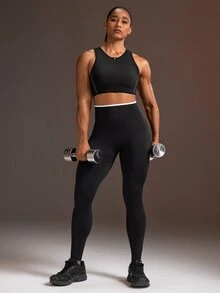 Powerista سروال رياضي نسائي بخصر عالي وألوان متباينة للتمارين اليومية - الأسود - مشاهدة 7