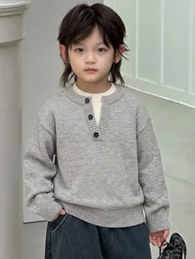 Dazy Kids Young Boy Solid Color Casual Versatile Daily Wear Long Sleeve Sweater - Light Grey - View 7