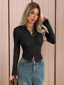 SHEIN EZwear 白色針織女款長袖百褶單排扣T恤，適合早午餐、辦公室、秋季休閒優雅穿搭 - 黑色 - 查看 3