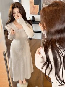 Feyla Women's Solid Color Contrast Lace Faux Pearl Decor Elegant Long Dress - Apricot - View 6
