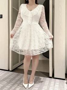 Vibekara Plus Size Women's Elegant Flared Sleeve Ruffle Collar Lace Dress Fall - White - View 3