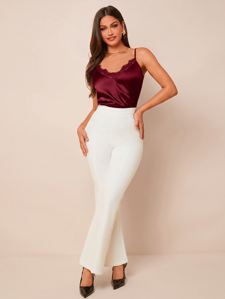 Amorya Women's Lace Panel Elegant Satin V-Neck Camisole Top,Black Summer Night Out Versatile Daily Commute Modest Vintage Old Money Teacher Casual Silk Tank - Burgundy - View 4