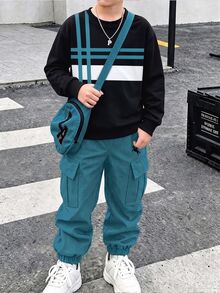 2件組圖案印花套裝 秋冬穿著 男童綠色迷彩衛衣與工裝束口運動長褲 - 彩色 - 查看 1