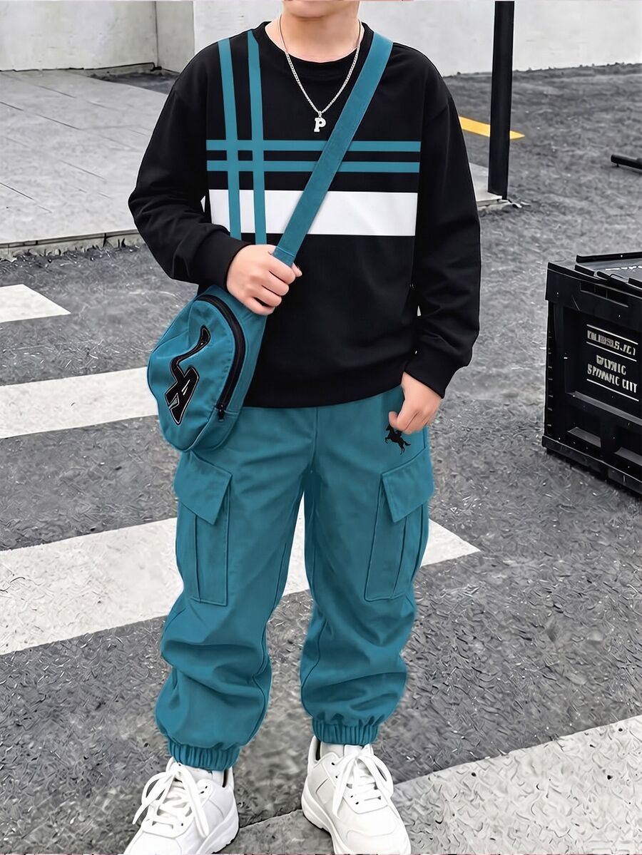 2件組圖案印花套裝 秋冬穿著 男童綠色迷彩衛衣與工裝束口運動長褲 - 彩色 - 查看 1