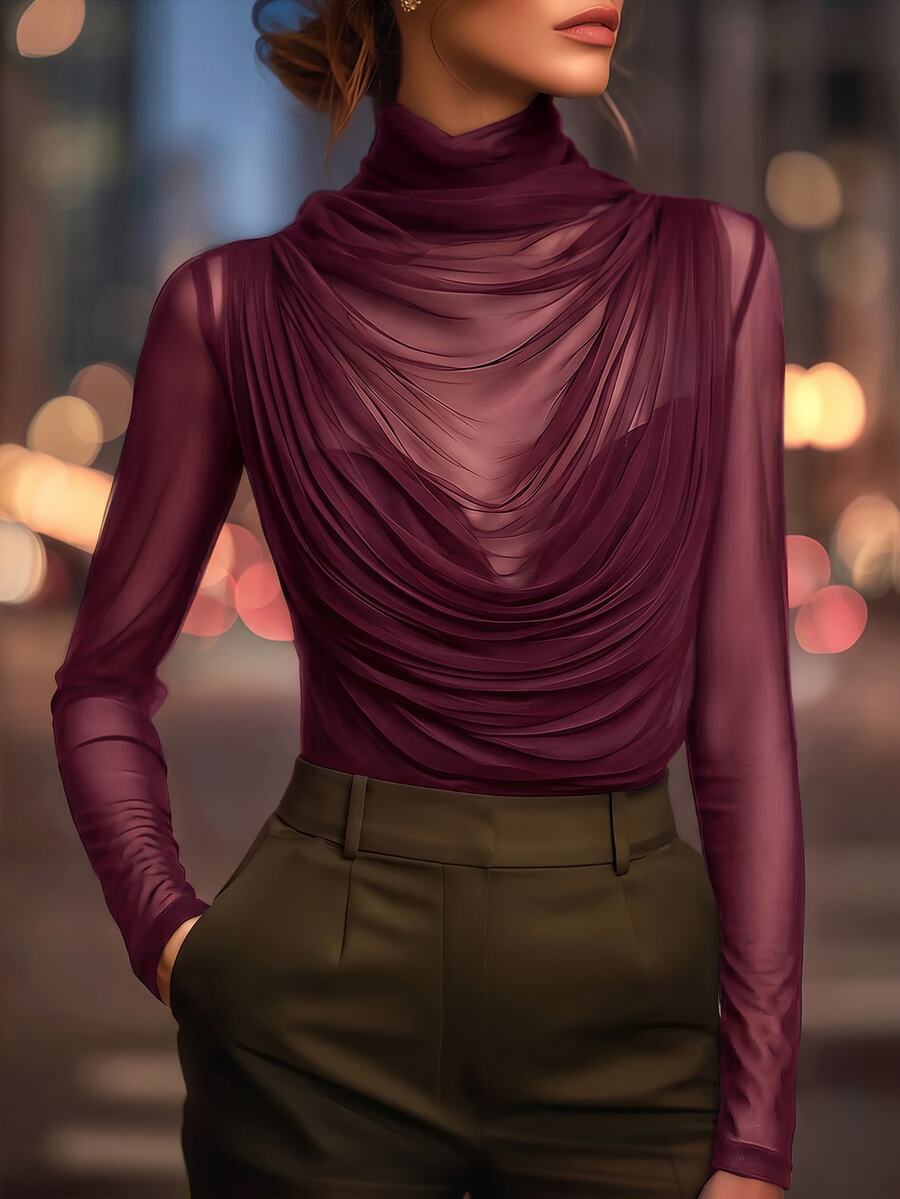 Editum 女款性感透視長袖高領上衣,彈性網紗抓皺設計,適合晚宴、夜生活、約會、工作及日常穿著,黑色秋季 - 中紫紅色 - 查看 1