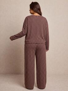 Elaquor Casual Retro Polka Dot Fabric Plus Size Long Sleeve Round Neck Top & Loose Pants 2 Pieces Set Fall - Brown - View 2