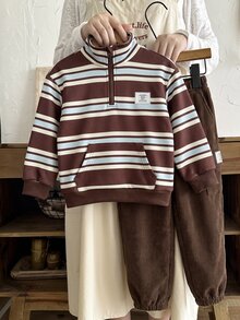 SHEIN Little Byeori 兒童 2件組小男孩休閒套裝－立領套頭連帽衛衣與保暖內裡秋季長褲，適合冬季、學校、返校穿著，舒適套裝 - 彩色 - 查看 5