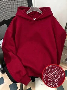 青少年女孩秋冬海軍藍寬鬆連帽長袖套頭衛衣，背後大翅膀水鑽裝飾，休閒街頭風上衣 - 紅色 - 查看 2