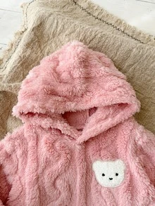 Cozy Pixies 女嬰休閒日常舒適卡通熊圖案拼接連帽抓絨套頭長袖運動衫，街頭復古風，寬鬆舒適，兒童秋冬疊穿，運動休閒外出運動衫 - 粉色 - 查看 5