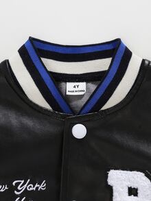 男童新款活力黑色PU皮革長袖拉鍊開襟外套，時尚刺繡圖案，舒適面料，時尚版型，秋冬新品，適合多季節與多場合，秋季外套，男童外套，皮夾克 - 黑色 - 查看 5