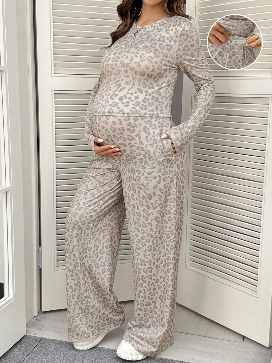 SHEIN Maternity Leopard Print Round Neck Long Sleeve T-Shirt And Adjustable Waist Long Pants Casual 2 Pieces Set - Multicolor - View 1