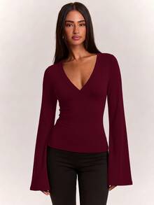 SHEIN BAE 女款休閒百搭長袖抓皺上衣，適合日常穿著 - 酒紅色 - 查看 6