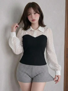 FRIFUL Women's Patchwork Polka Dot Print Long Sleeve 2 In 1 T-Shirt - Black - View 6