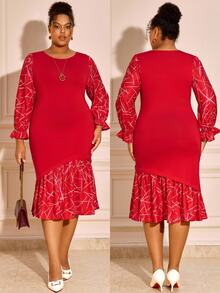 BrightlyHer Plus Size Red Ruffle Asymmetrical Ruffle Trim Round Neck Long Sleeve Dress Elegant Formal Fall Winter 2026 Christmas Party Evening - Red - View 10