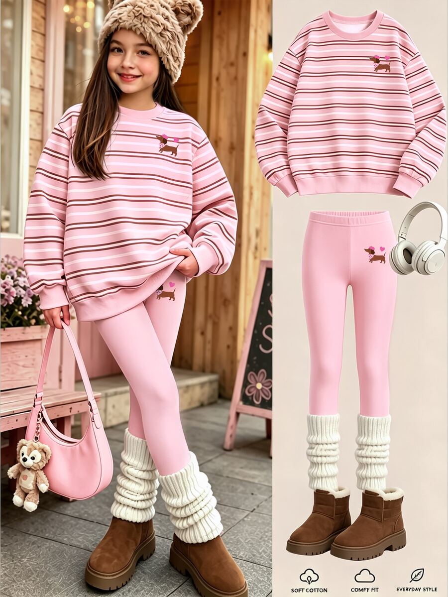 Girls' Cute Dachshund Pattern Sweatshirt And Pink Leggings 2 Pieces Set, Soft Striped Pullover And Long Pants, Autumn/Winter Y2K Millennium Style - Multicolor - View 1