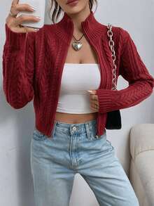 SHEIN EZwear 女款優雅白色麻花編織拉鍊開襟針織外套，秋季休閒日常立領修身長袖針織上衣 - 酒紅色 - 查看 1