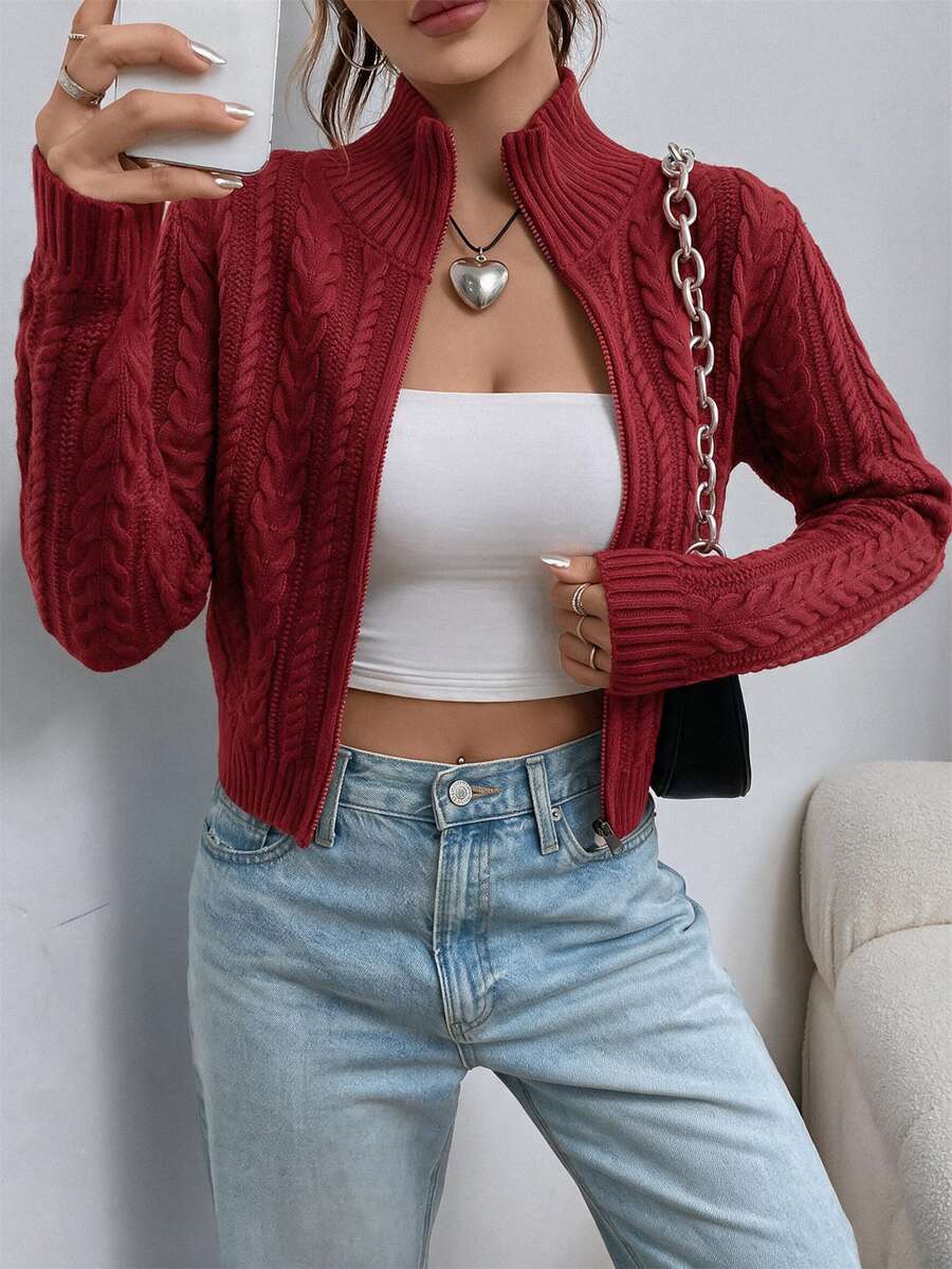 SHEIN EZwear 女款優雅白色麻花編織拉鍊開襟針織外套,秋季休閒日常立領修身長袖針織上衣 - 酒紅色 - 查看 1
