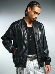 ROMWE MEN Street Life Men's Fashion Baseball Collar Zip-Up Jacket Print Long Sleeve Outerwear - Black - View 7