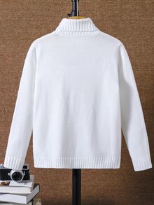 SHEIN Little Byeori 兒童青少年男孩休閒日常百搭舒適高領長袖套頭針織毛衣 素色 適合通勤上學日常休閒度假旅行運動 秋冬 - 白色 - 查看 2