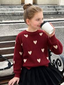 SHEIN 青少年女孩心形圖案落肩毛衣與純黑色百褶裙2件套，秋季冬季開學休閒校園穿搭童裝 - 酒紅色 - 查看 7