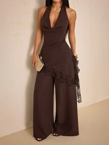 SHEIN PETITE Petite Women's Two Pieces Set: Brown Cowl-Neck Open-Back Top With Cinched Waist And Pocketed Trousers - Brown - View 4
