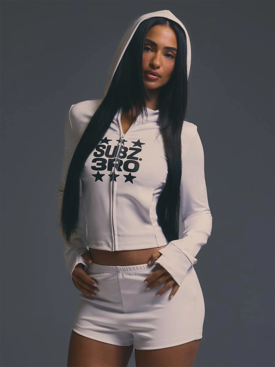 MUSERA White Graphic Long Sleeve Crop Top And Mini Shorts Co Ord Sold As Set Fall Autumn Winter Halloween Party Going Out Concert Rave Disco Graphic Sexy - White - View 1