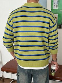 DAZY 秋冬橄欖綠與皇家藍條紋 Polo 領男士毛衣 - 綠色 - 查看 2