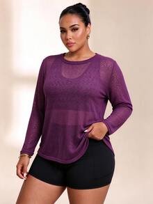 SHEIN Rhythm Era Plus Size Women Solid Color Long Sleeve Casual Fitness Sports T-Shirt - Bold Plum - View 5