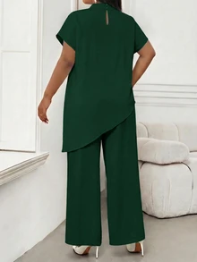 SHEIN Lady 大尺碼女款純色立領休閒優雅百搭上衣，適合日常穿著、正式場合、早午餐、深綠色夏季辦公室派對 - 墨綠色 - 查看 2