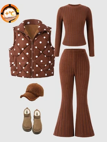 Tween Girls 3pcs Polka Dot Quilted Puffer Vest Zip Up Fleece Ribbed Tops & Pants Winter Clothing Set - Mocha Brown - View 6