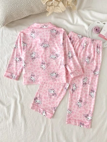 SHEIN 少女可愛休閒針織卡通圖案長袖居家服套裝 - 粉色 - 查看 2