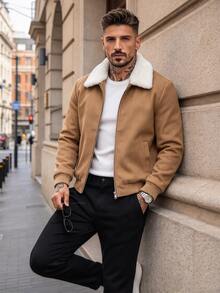Manfinity Homme Abrigo largo casual de manga larga con bloques de color para uso diario para hombres - Caqui - Ver 5