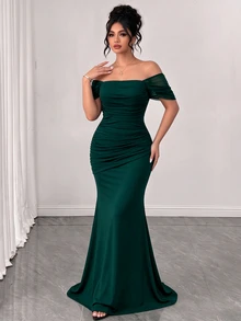 Elenzga Plus Size Women's Solid Color Elegant Draped Waist Floor Length Maxi Dress - Green - View 7