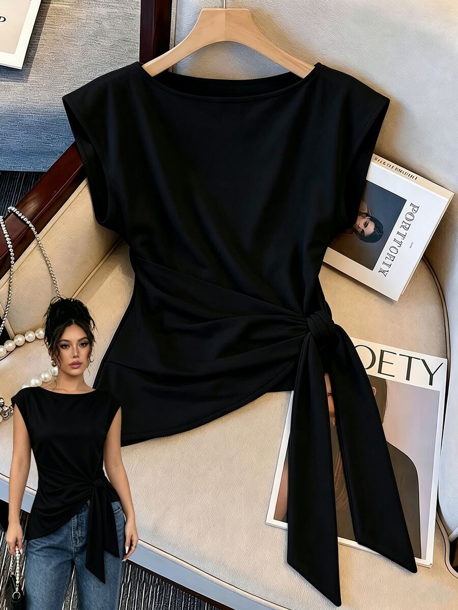 Resyla Asymmetrical Hem Round Neck Fitted Top With Attached Sleeves - Black - View 1