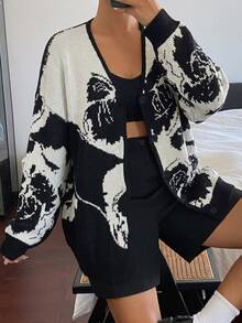 DAZY Women's Elegant Fashion Jacquard Long Sleeve Knit Cardigan - Black and White - View 3
