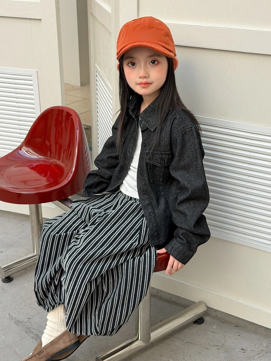 Dazy Kids Tween女孩翻領長袖短版秋季水洗深色牛仔上衣 - 黑色 - 查看 1